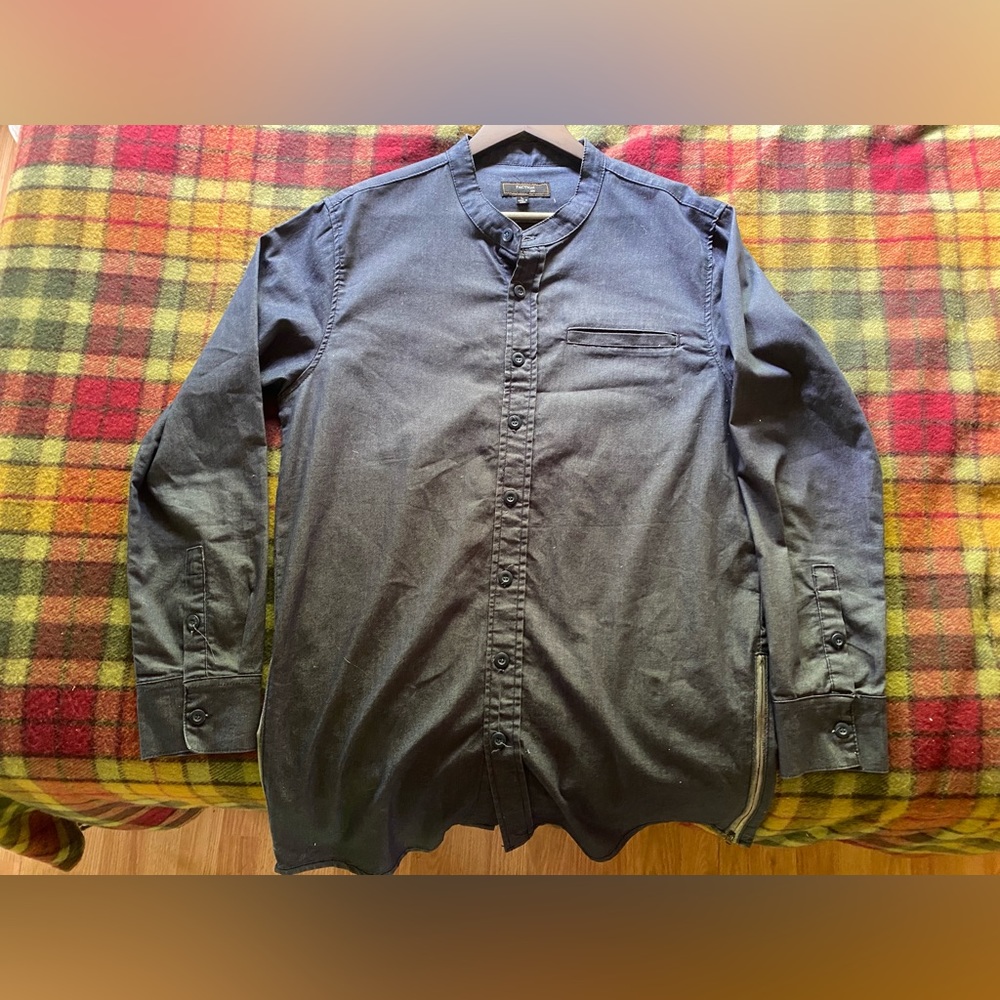 No collar dress shirt. No rips or stains.